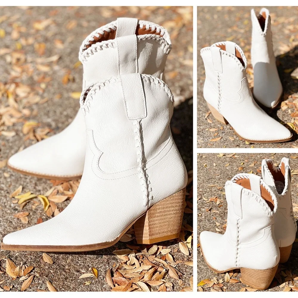 NEW Western Cowboy Whipstitched Ankle Boots
Pointy Toe Block Heel Distress White - Picture 13 of 16